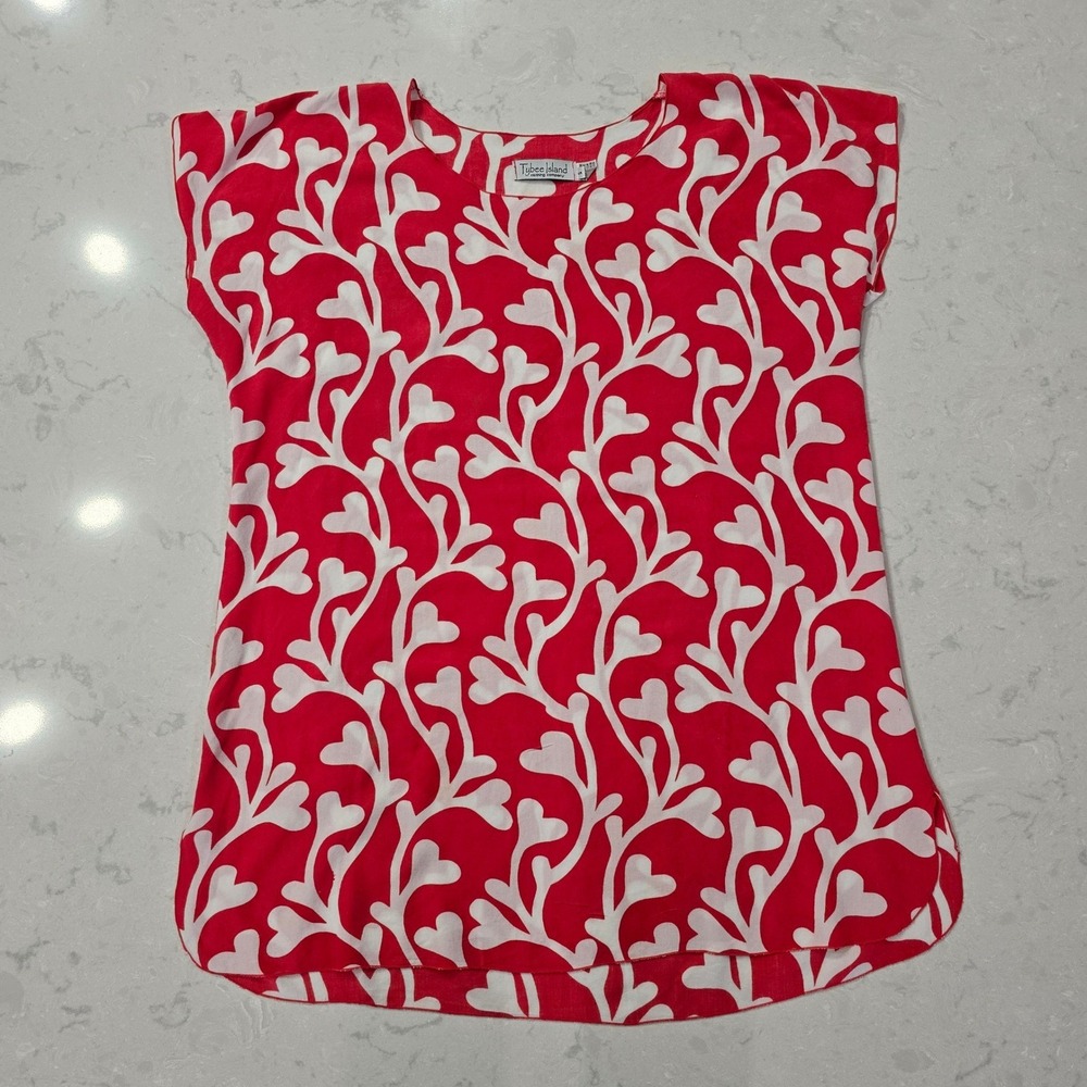 Tybee Island Clothing Company Womens Red White Coral Print Scoop Neck Top Small